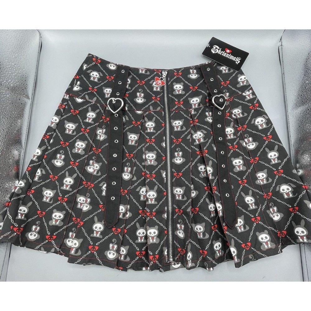 Skelanimals Grommet Strap Pleated Plaid Skirt Black Red MEDIUM